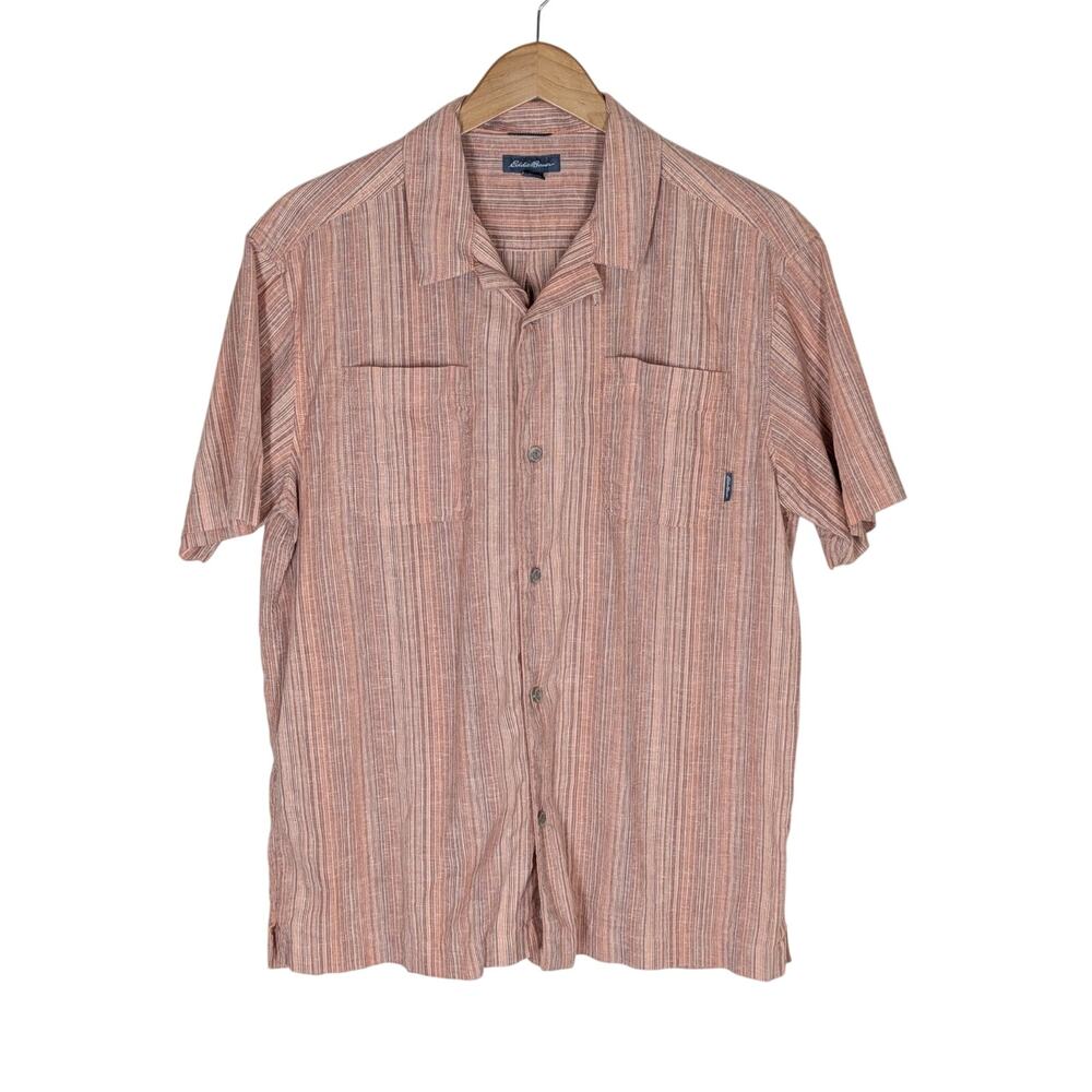 Eddie Bauer Mens Medium Orange Striped Button-Up Hemplify Camp Shirt Hemp Cotton